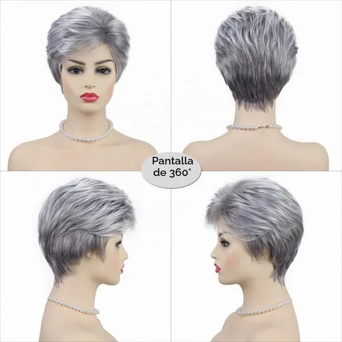 Vista 5 de Pelucas cortas gris plateadas para mujeres blancas, pelucas sintéticas con corte pixie natural y a capas con flequillo, peluca corta de pelo gris
