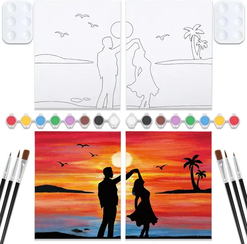 Vista 10 de VOCHIC Kit de pintura para sorbos y pinturas, lienzo predibujado para parejas, kit de pintura para adultos, citas, noche, puesta de sol, playa