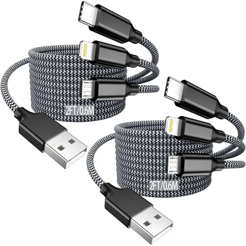 Vista 9 de Cable de carga múltiple de 10 pies, paquete de 2 unidades, cargador USB 3 en 1, cable de carga largo multi iPhone de nylon trenzado, certificado