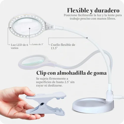 Vista 5 de Brightech LightView Pro Flex 2 en 1: Lupa LED de 5 dioptrías. Lupa iluminada con soporte y abrazadera, para escritorio, costura, mesa, luz brillante
