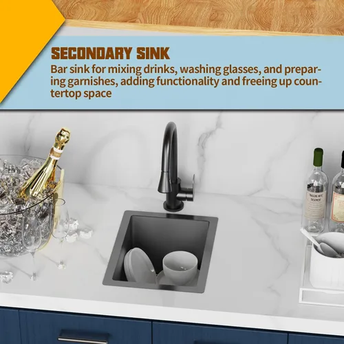 Vista 4 de Fregadero de cocina y bar negro de 12 x 16 pulgadas, pequeño tazón de acero inoxidable para montaje inferior, fregadero de cocina y bar, elección