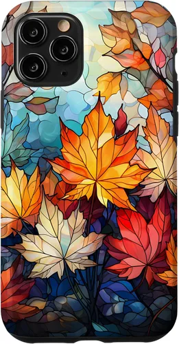 Vista 28 de iPhone 15 Otoño hojas de arce vitrales estilo abstracto caso