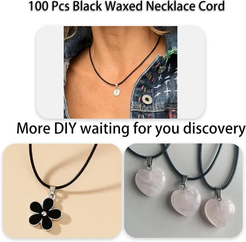 Vista 4 de 100 unidades de 18 pulgadas y 0.059 in de cordón negro encerado collar de cuerda pulsera de cuero sintético cierre de cadena a granel