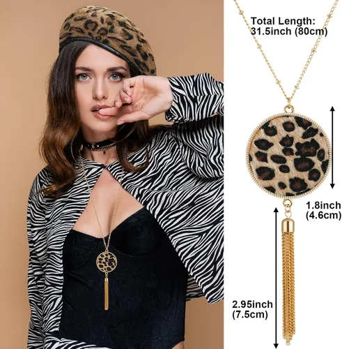Vista 4 de Juego de 4 joyas de leopardo para mujer, aretes con estampado de leopardo, gorro de boina francés, borla larga, collar con dije de guepardo, pulsera