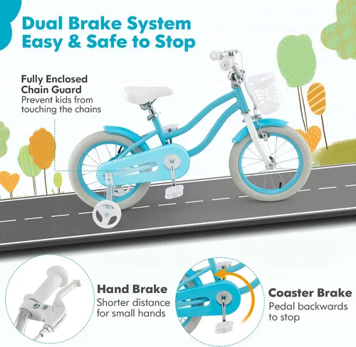 Vista 3 de COSTWAY Bicicleta para niños de 12, 14, 16, 18 pulgadas, bicicleta para niños con ruedas de entrenamiento, frenos de mano y posavasos, sillín