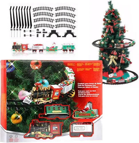 Vista 4 de 1 juego de tren de árbol de Navidad con luz y sonido, tren colgante con locomotora de carbón, trineo y pistas realistas