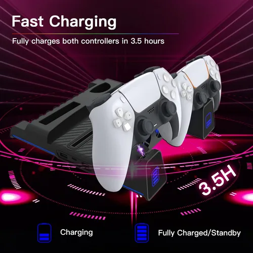 Vista 4 de NexiGo Soporte para PS5 con luz LED RGB, ranura para disco duro, auriculares y soportes remotos, estación de carga de doble controlador para consola