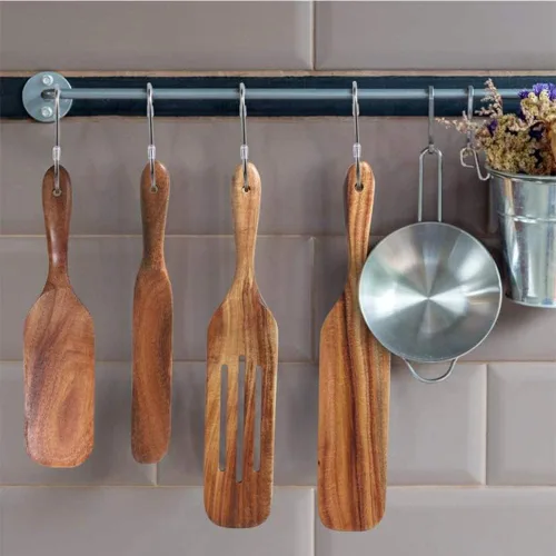Vista 5 de Juego de espátulas, utensilios de cocina de madera de acacia natural de 2 piezas, cucharas de madera para cocinar, agitar, mezclar y servir