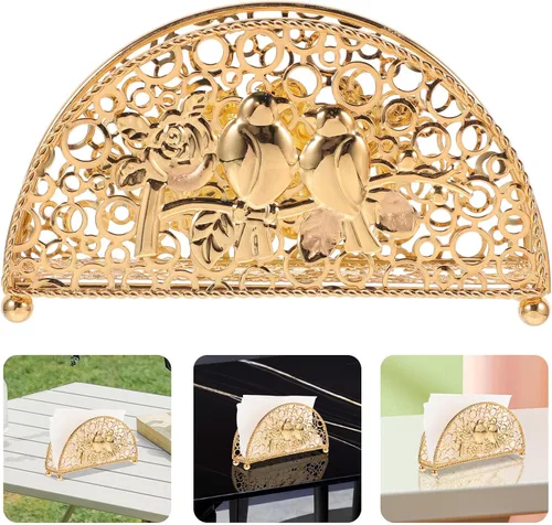 Vista 7 de Vertical Metal Napkin Holder for Countertop, Table Napkin Stand with Creative Fan-shaped Hollow Design, Gold Rustic Kitchen Tissue Dispenser for