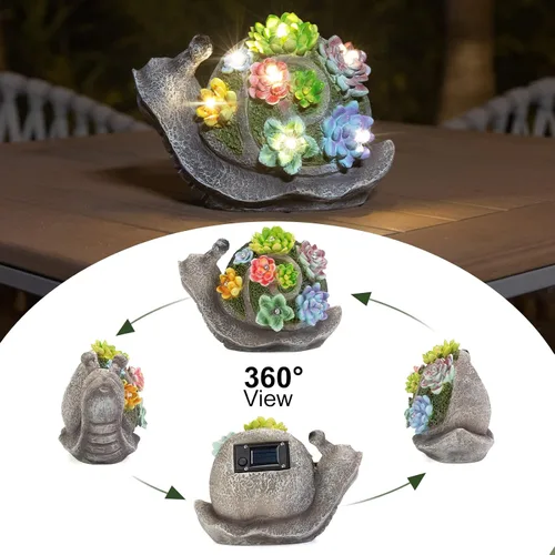 Vista 3 de pearlstar Estatuas de jardín, estatua solar de caracoles, decoración de jardín, bonitas figuras de caracoles de resina con 7 luces solares LED