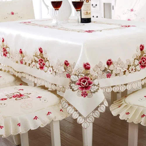 Vista 10 de LeLehome - Mantel de encaje bordado con flores cafés, color crema y beige, diseño clásico y tela que no se arruga para mesa de comedor