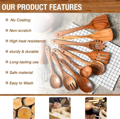 Vista 3 de Cuchara de madera de teca prémium para cocinar, juego de utensilios de cocina de madera antiadherentes de 10 piezas, cucharas de madera resistentes