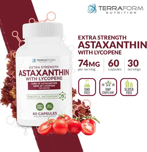 Vista 2 de TerraForm Nutrition Suplemento de astaxantina de 24 mg con licopeno 50 mg - Complejo antioxidante de doble espectro de dosis alta - Astaxantina