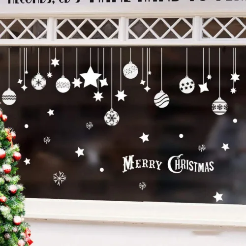 Vista 2 de Calcomanías de ventana de Navidad, adhesivos de ventana de invierno, decoraciones de copos de nieve de estrella blanca, calcomanía navideña navideña