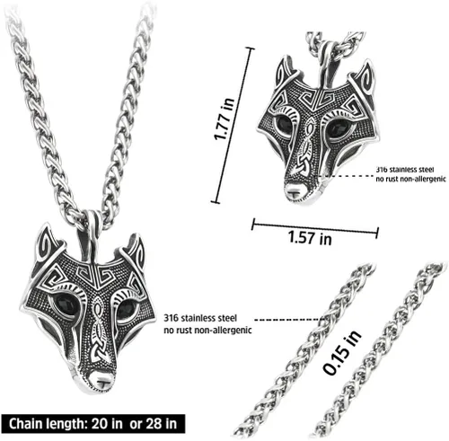 Vista 5 de BAVIPOWER Viking Fenrir - Collar con colgante de amuleto de cabeza de lobo para hombres y mujeres, collar escandinavo nórdico de acero inoxidable