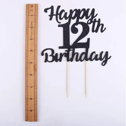 Vista 3 de LVEUD Decoración para pastel de cumpleaños número 12 para feliz cumpleaños, 12 adornos negros para tartas de 12 años, adorno de pastel de feliz