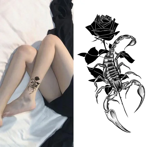 Vista 7 de 2 hojas de tatuajes temporales pequeños de escorpión para adultos, tatuajes falsos de escorpión negro, arte corporal impermeable de larga duración