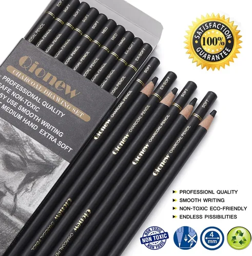 Vista 2 de Qionew Juego de 10 lápices de carbón profesionales para dibujar, dibujar, dibujar, sombrear, principiantes y artistas