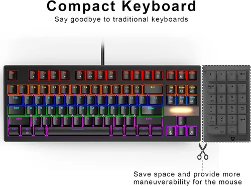 Vista 3 de Anivia - Teclado mecánico para juegos, clásico teclado USB con cable con interruptores azules, teclado impermeable de 87 teclas para PC, portátil
