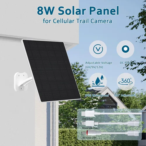 Vista 4 de Zivif Panel Solar de 8W para Cámaras de Seguridad, Cargador de Panel Solar para Cámara con Cable USB-C, DC 5.5x2.1mm y Puerto Micro USB, Resistente