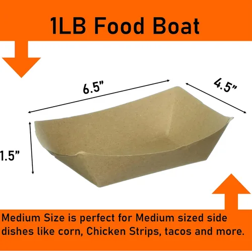 Vista 2 de Botes de comida de papel mediano, bandejas de papel kraft marrón para alimentos. Mediano (1 libra). Paquete de 250, botes desechables y reciclables.