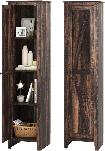 Vista 11 de Giantex Gabinete de Almacenamiento Alto Independiente Torre de Almacenamiento de Piso con Cuatro Estantes y Una Sola Puerta, Gabinete Estrecho