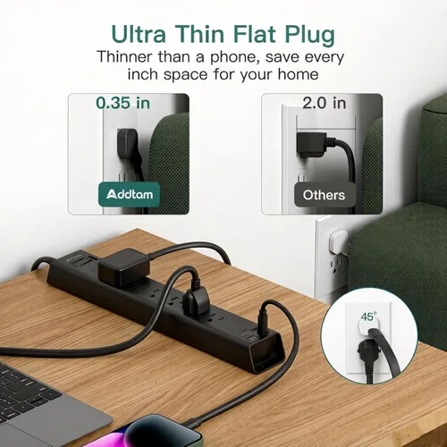 Vista 4 de Addtam Power Strip Surge Protector with 6 AC Outlets 4 USB Ports (2 USB-C), Flat Plug Extension Cord 5ft, Multi Outlet Extender, Wall Mount Desk