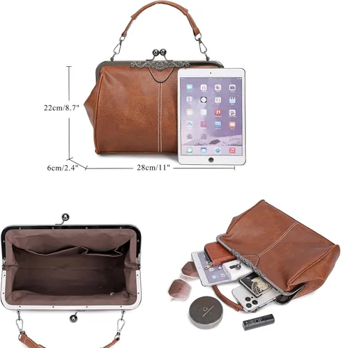 Vista 5 de Bolsos vintage para mujer Kiss Lock para mujer, cuero aceitado, bolso de mano