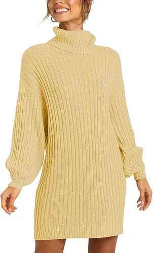 Vista 2 de SHENGXINY Turtleneck Sweater Dress for Women Solid Ribbed Knit Pullover Mini Dresses Trendy Long Sleeve Tunic Sweaters Skirt