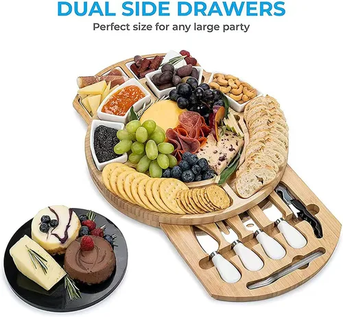 Vista 3 de Juego de tabla de queso de bambú y cuchillos, plato redondo para servir charcutería con plato de mármol y cuenco de cerámica, juego de queso