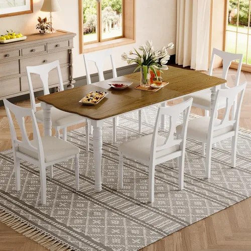 Vista 133 de Juego de mesa de comedor vintage de 6 piezas, juego de mesa de comedor de cocina de madera maciza con 4 sillas ergonómicas acolchadas y banco, mesa