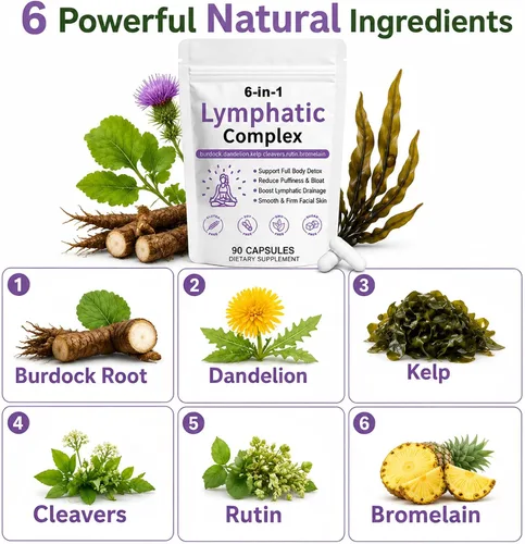 Vista 5 de TAWODIUM Cápsulas de Complejo Linfático 6-en-1, Suplementos para Drenaje Linfático, con Bardana, Diente de León, Alga Kelp, Reduce Hinchazón