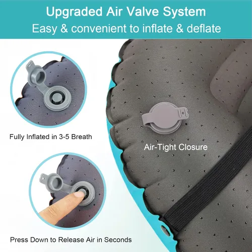 Vista 5 de Almohada inflable ultraligera de viaje para campamento, compresible, compacta, cómoda, ergonómica, para cuello y campamento de apoyo lumbar, Verde
