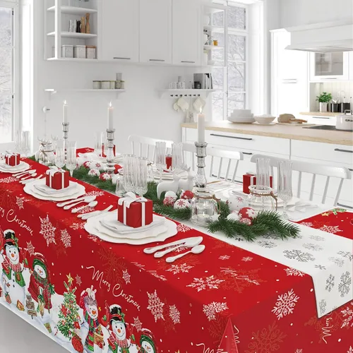 Vista 7 de FunnyPars 3 piezas manteles de muñeco de nieve navideños de plástico, cubierta de mesa de invierno con copos de nieve y árbol de Navidad