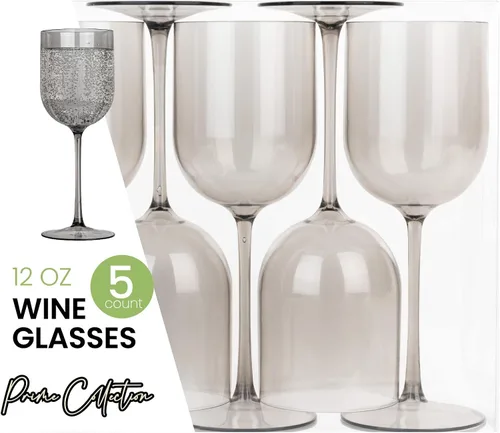 Vista 9 de PLASTICPRO Juego de 5 copas de vino de plástico con borde dorado, elegantes copas de vino de plástico duro en tallo de 12 onzas