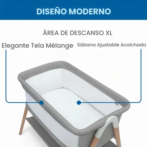 Vista 5 de Delta Children Simmons Kids Koi by The Bed Moisés con malla transpirable y patas de madera de haya natural, gris paloma