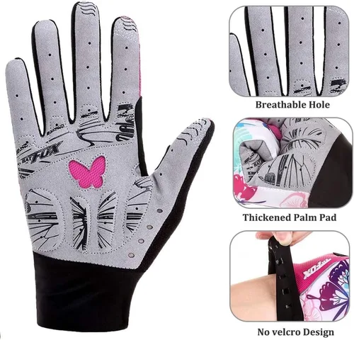 Vista 4 de DuShow Guantes de ciclismo para mujer, guantes de entrenamiento florales rosas para mujer, guantes de ciclismo de dedo completo, guantes