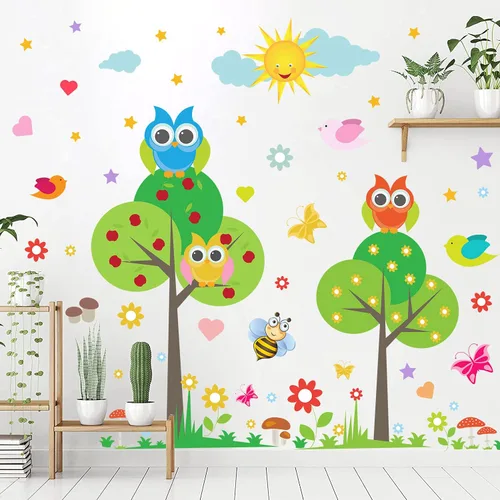Vista 6 de Calcomanía de pared de animales para niños, diseño de flores, pájaros, mariposas, bricolaje, extraíble, despegar y pegar, decoración de árbol verde