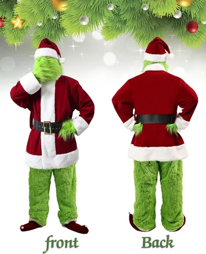 Vista 3 de Saiksi Disfraz de monstruo verde para adulto, disfraz de Papá Noel peludo verde navideño para hombre, 9 piezas divertido traje de Papá Noel