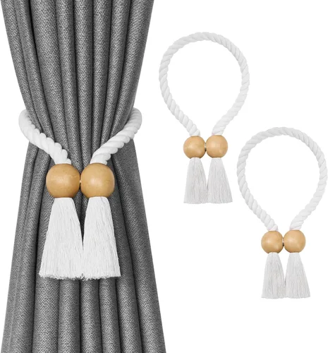 Vista 42 de NICEEC 2 Pack de Alzapaños Magnéticos de Madera en Forma de Cubo Boho para Decoración del Hogar, Alzapaños de Lino Tejidos a Mano para Cortinas Beige