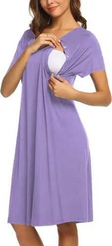 Vista 2 de Ekouaer - Camisón con botones y manga corta para mujer, vestido para lactancia, parto, hospital y maternidad, tallas S-XXL