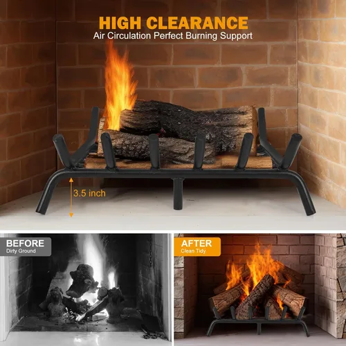 Vista 5 de Rejilla de chimenea de 20 pulgadas con retenedor de brasas Rejilla de leña para chimenea con acero redondo sólido resistente de 3/4” de barra