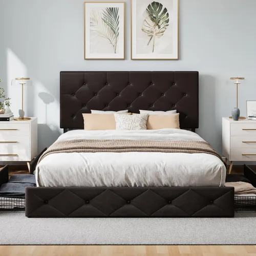 Vista 50 de WEEWAY Base de cama de plataforma tamaño King con 4 cajones de almacenamiento, cabecera capitonada con botones de costura de diamante, base de Negro