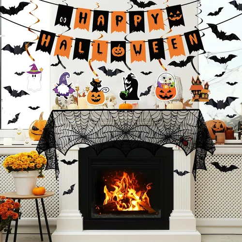 Vista 3 de Juego de decoraciones de Halloween para interiores – Decoración festiva de Halloween, pancarta colgante de remolinos y telaraña, camino de mesa
