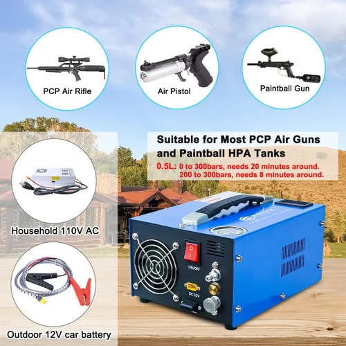 Vista 3 de Compresor de aire PCP, portátil de 4500 Psi/30 Mpa, sin agua/aceite, rifle PCP/pistola y bomba de aire de tanque de paintball, alimentado por 12 V
