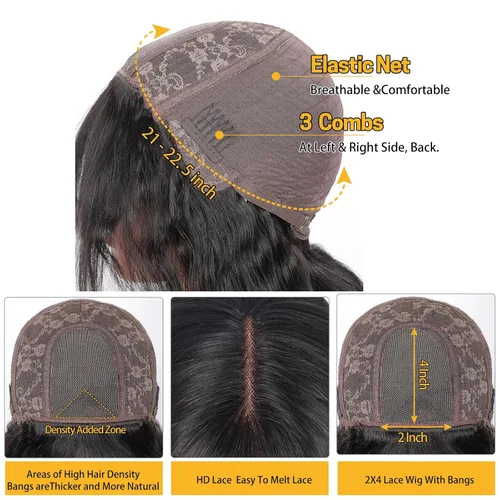 Vista 3 de Peluca de cabello humano con cierre de encaje, peluca sin pegamento para mujeres negras, 100% cabello humano virgen brasileño de 14 pulgadas