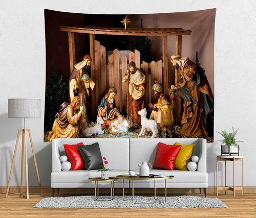 Vista 2 de Loccor Tapiz de escena del Nacimiento de Navidad, escena del pesebre, figuras de Jesús, Virgen María, tapiz para colgar en la pared, arte de pared