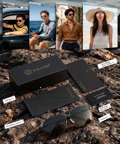 Vista 7 de KALIYADI Gafas de sol de aviador polarizadas para hombres y mujeres con A01-negro/Gris