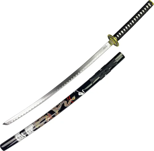Vista 2 de Bishamon 42 1/2" Samurai Sword Carbon Blade Dragon Scabbard Comes with a Wooden Stand