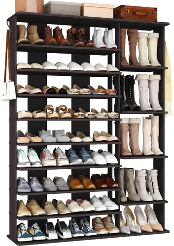 Vista 12 de HOMEFORT Zapatero vertical de 10 niveles, torre de zapatos de esquina, organizador de zapatos delgado con dos ganchos para colgar, soporte